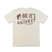 Back of Buc-ee’s Fresh Brisket on the Board shirt in cream with distressed maroon lettering and beaver logo