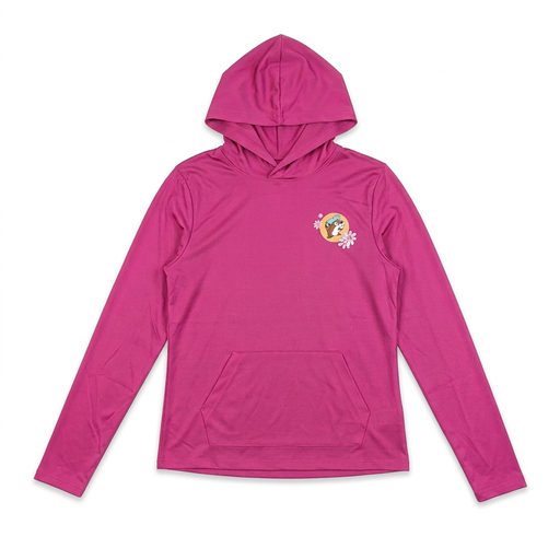 Buc-ee’s fuchsia long sleeve performance hoodie with a kangaroo pocket and a small beaver and daisy chest logo