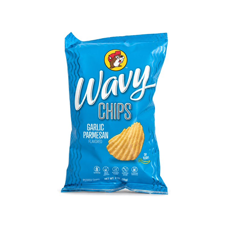 Blue bag of Buc-ee's Wavy Chips, Garlic Parmesan flavor