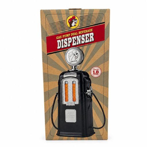 Buc-ee's Gas Pump Dual Beverage Dispenser in its retail box, a black retro gas pump design that holds 1.8 liters