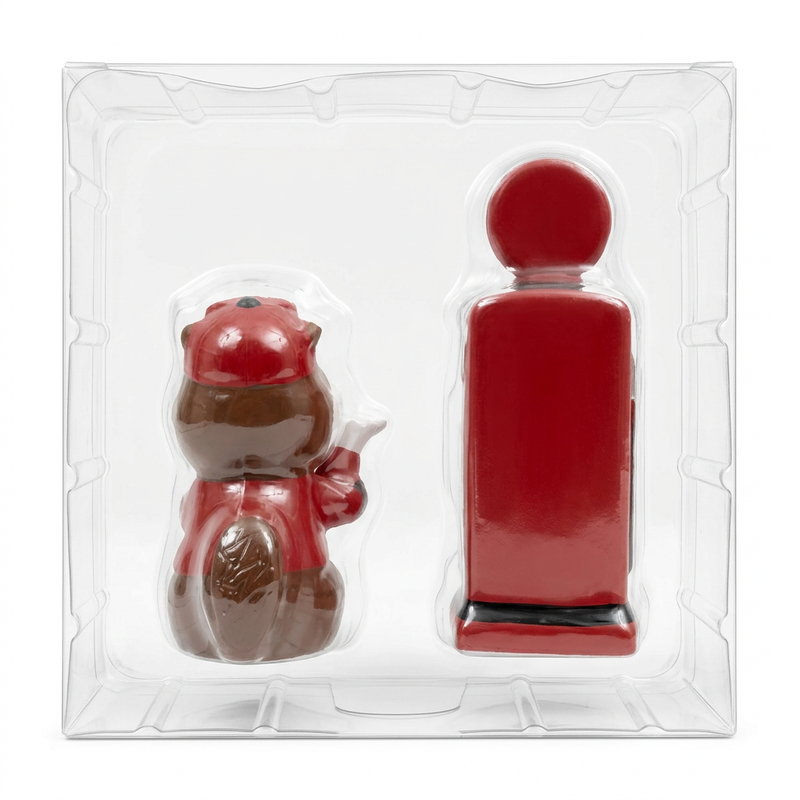 Buc-ee’s Gas Pump Salt & Pepper Shaker set back view, showing Buc-ee’s red cap and tail beside the plain red pump