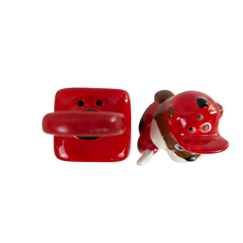 Buc-ee’s Gas Pump Salt & Pepper Shaker set top view, showing two pour holes on the pump and five on Buc-ee’s red cap