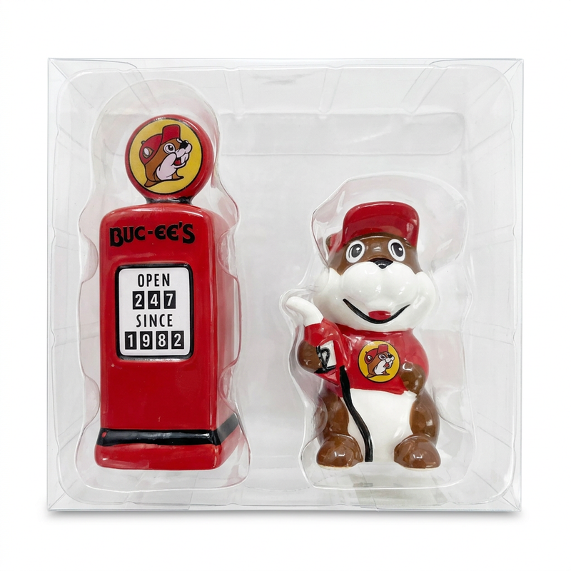 Buc-ee’s Gas Pump Salt & Pepper Shaker set with a red gas pump and Buc-ee holding a fuel nozzle, in clear packaging