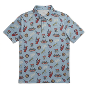 Buc-ee’s Gas Station Golf Polo in light blue with retro gas pumps, 82 road signs, and checkered flags