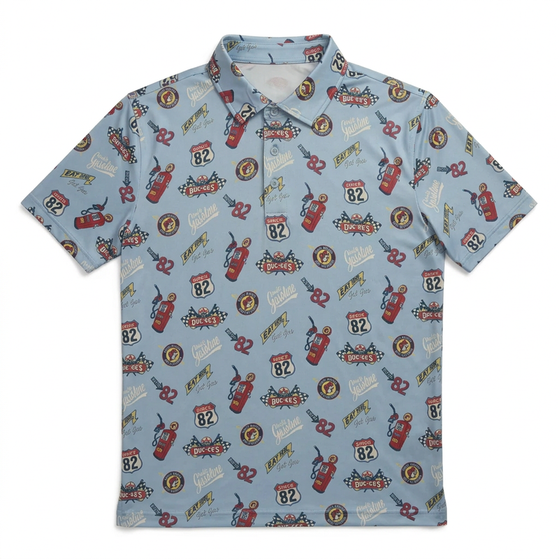 Buc-ee’s Gas Station Golf Polo in light blue with retro gas pumps, 82 road signs, and checkered flags