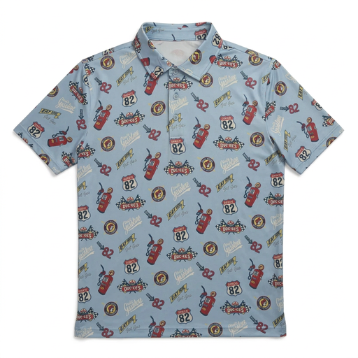 Buc-ee’s Gas Station Golf Polo in light blue with retro gas pumps, 82 road signs, and checkered flags