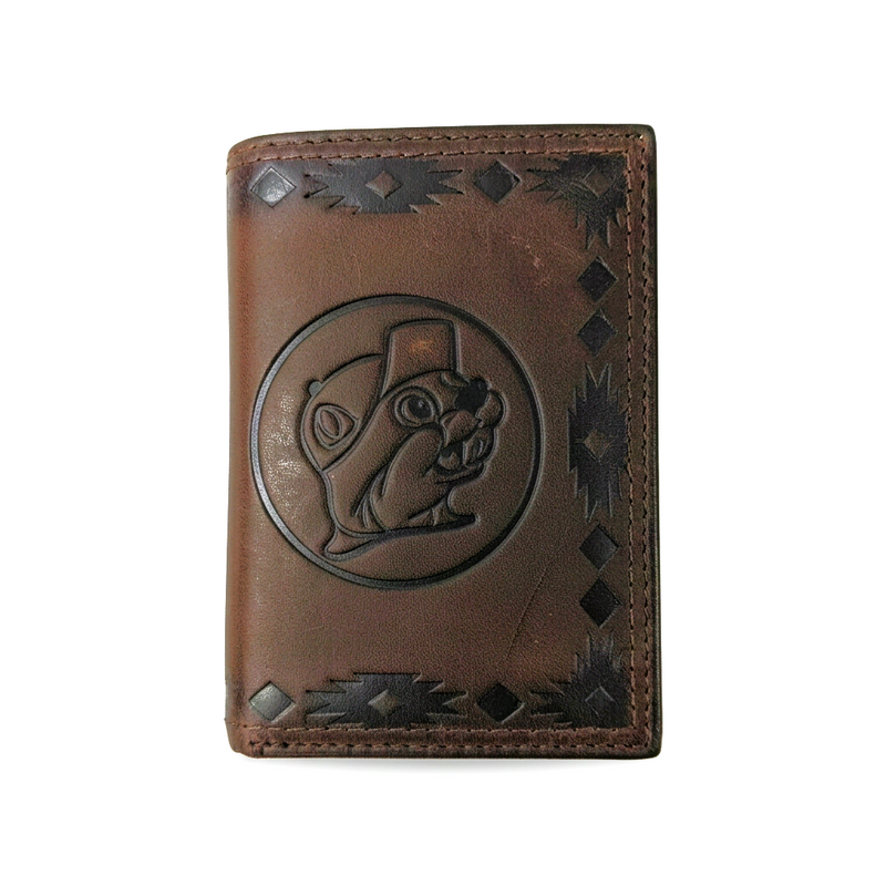 Buc-ee’s genuine leather Aztec trifold wallet in dark brown with an embossed beaver logo and stitched edges