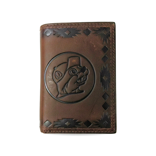 Buc-ee’s genuine leather Aztec trifold wallet in dark brown with an embossed beaver logo and stitched edges