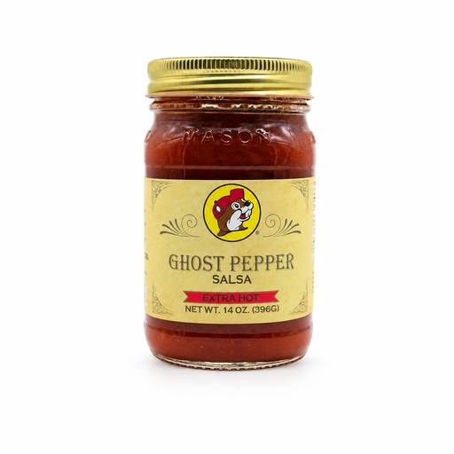 Buc-ee's Ghost Pepper Salsa, Extra Hot, in a 14 oz glass mason jar, a spicy Texas salsa for chips, tacos and dips