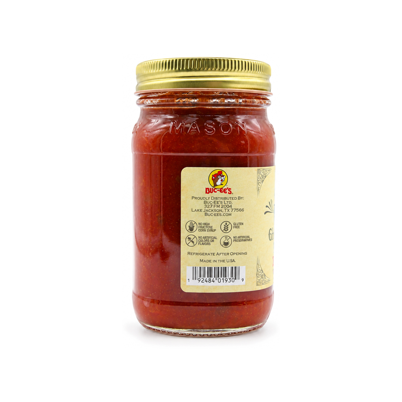 Side of Buc-ee's Ghost Pepper Salsa jar showing gluten-free, no artificial preservatives and made in the USA label