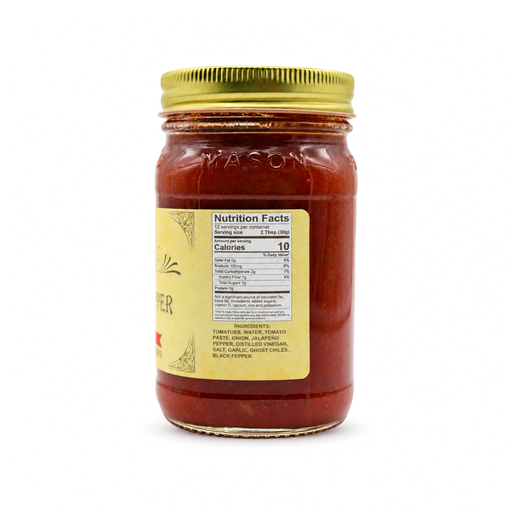 Back of Buc-ee's Ghost Pepper Salsa jar showing nutrition facts, 10 calories per serving, made with tomatoes and ghost chiles