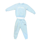 Buc-ee’s girls’ jogger set in pale blue with arched-lettering crewneck sweatshirt and matching joggers with logo patch