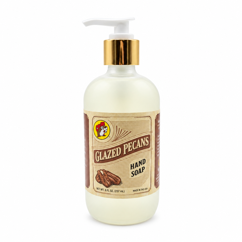 Buc-ee's Glazed Pecans hand soap in an 8 fl oz pump bottle with a gold pump collar and vintage-style pecan label