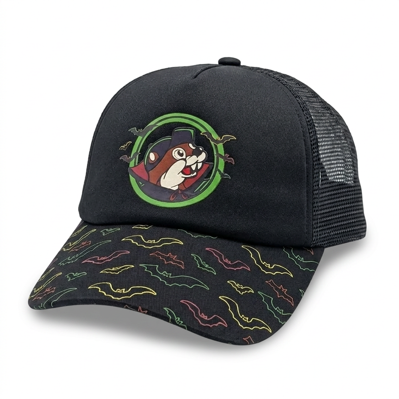 Buc-ee’s Glow in the Dark Neon Bat Trucker Hat in black with a vampire beaver patch and neon bat outlines on the brim