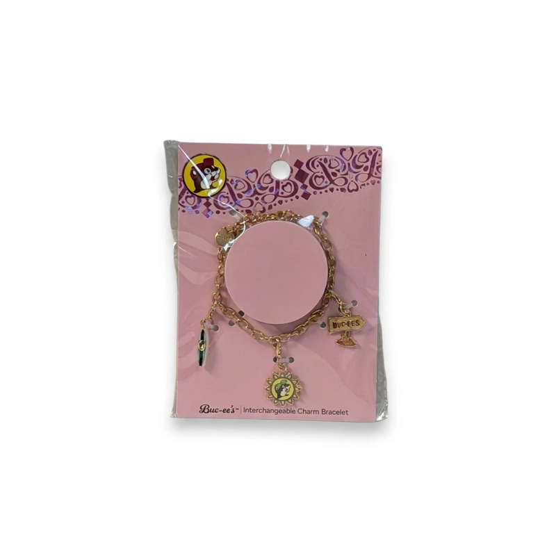 Buc-ee’s Gold Sun Interchangeable Charm Bracelet with a gold-tone chain and a sun-shaped charm with the beaver logo