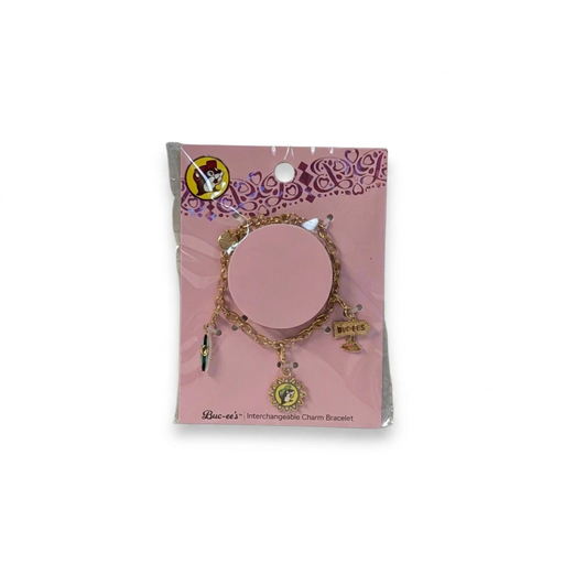 Buc-ee’s Gold Sun Interchangeable Charm Bracelet with a gold-tone chain and a sun-shaped charm with the beaver logo