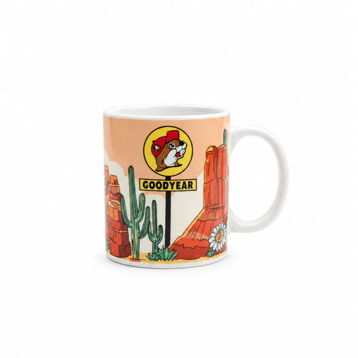 Buc-ee's Goodyear Arizona mini mug in white ceramic with beaver logo sign, saguaro cacti, and red rock desert scene