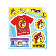 Buc-ee's Goodyear, AZ sticker pack with 4 stickers: red T-shirt, Arizona license plate, and two beaver logo designs