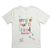 Buc-ee’s Graffiti T-shirt in white with colorful doodle “One of a Kind” and “You Are Amazing” lettering, back view