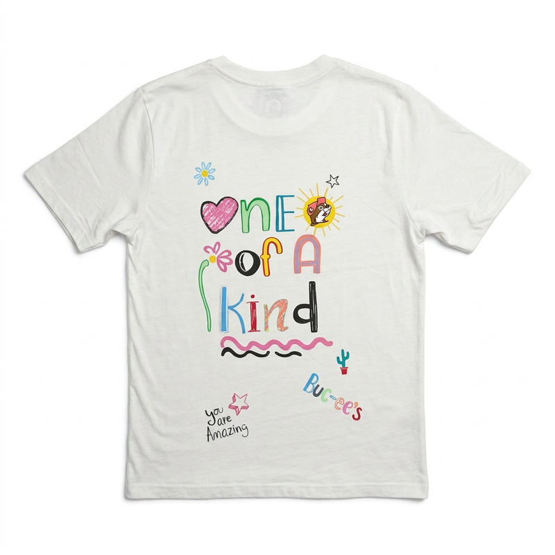 Buc-ee’s Graffiti T-shirt in white with colorful doodle “One of a Kind” and “You Are Amazing” lettering, back view