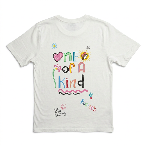 Buc-ee’s Graffiti T-shirt in white with colorful doodle “One of a Kind” and “You Are Amazing” lettering, back view