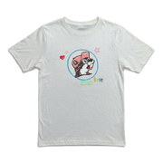 Buc-ee’s Graffiti T-shirt in white with a crayon-style beaver logo, doodled hearts and stars, and the word “Love,” front view