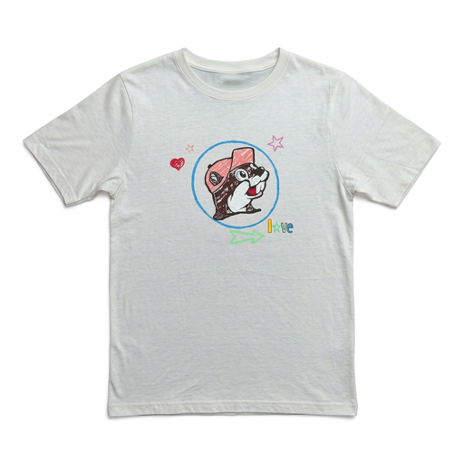 Buc-ee’s Graffiti T-shirt in white with a crayon-style beaver logo, doodled hearts and stars, and the word “Love,” front view