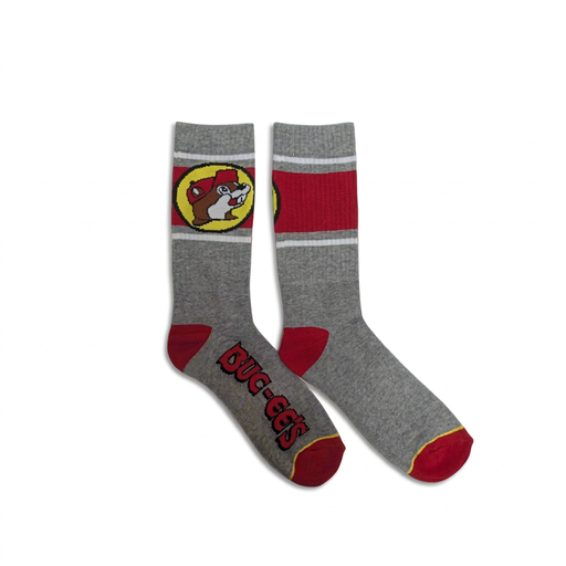 Buc-ee’s gray crew socks with a red striped cuff, beaver logo, red heel and toe, and the wordmark knit along the foot