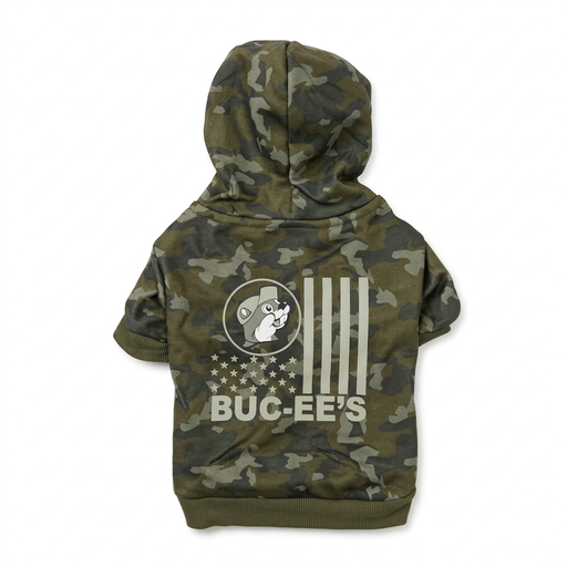 Back of the Buc-ee’s green camo pet hoodie with a tonal gray flag-style graphic of stars, stripes, the beaver logo, and wordmark