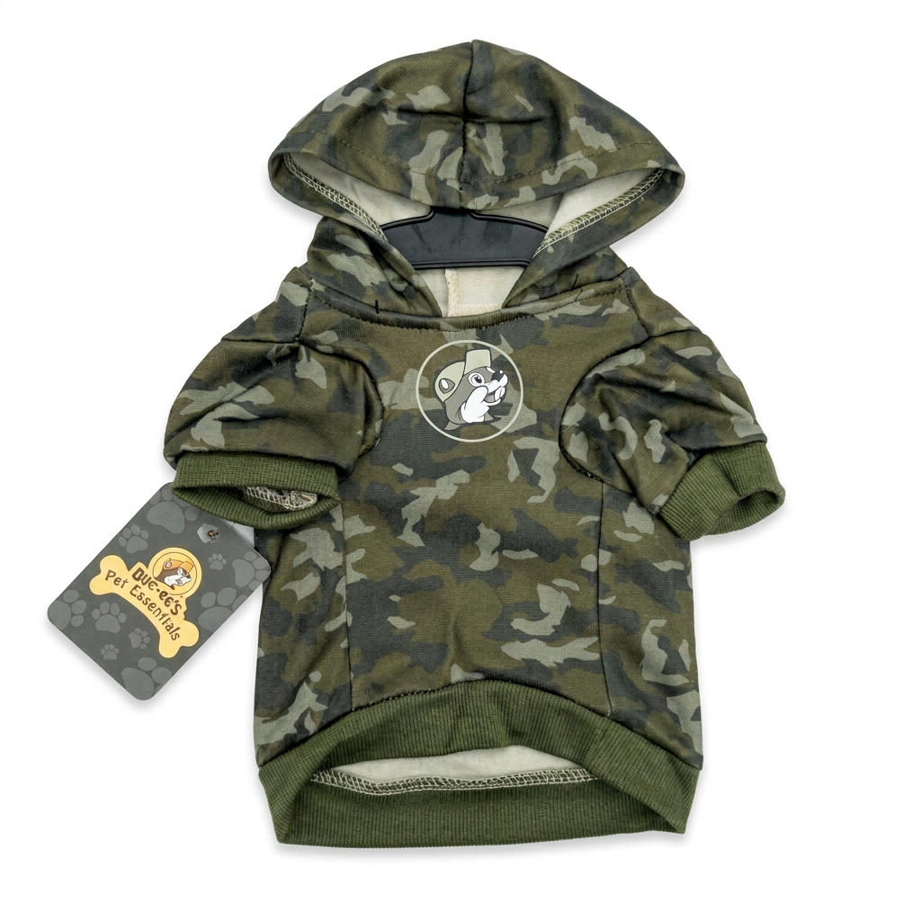 Buc-ee’s green camo pet hoodie with a gray beaver logo, olive ribbed cuffs and hem, and a Pet Essentials hang tag
