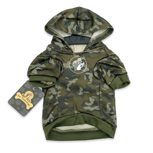 Buc-ee’s green camo pet hoodie with a gray beaver logo, olive ribbed cuffs and hem, and a Pet Essentials hang tag