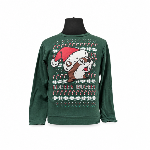 Green Buc-ee's ugly Christmas sweatshirt with Santa Buc-ee on a mannequin