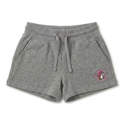 Buc-ee’s heather gray Retro Sunset Stripe shorts with a drawstring waistband, side pockets, and a pink beaver logo patch