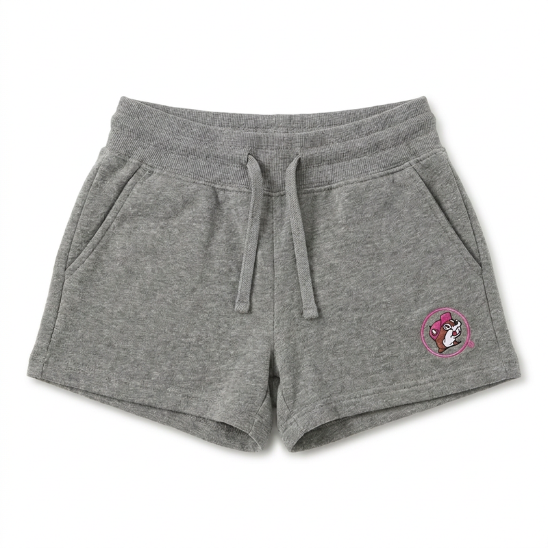 Buc-ee’s heather gray Retro Sunset Stripe shorts with a drawstring waistband, side pockets, and a pink beaver logo patch