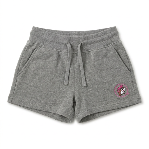 Buc-ee’s heather gray Retro Sunset Stripe shorts with a drawstring waistband, side pockets, and a pink beaver logo patch