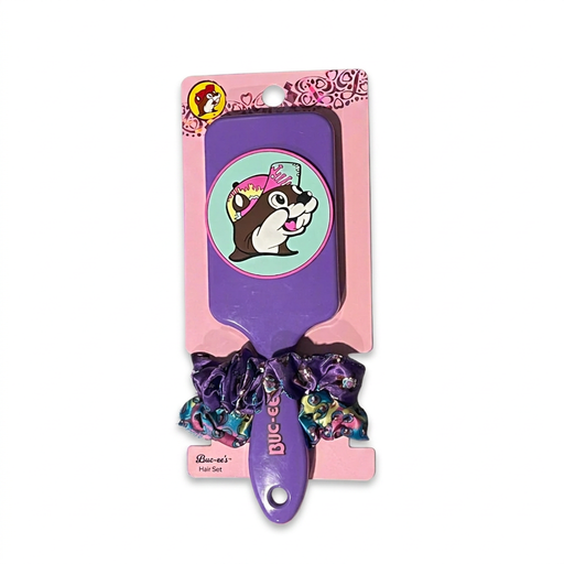 Buc-ee’s purple hair set with a tie-dye cap beaver paddle brush and two printed scrunchies in purple and pastel