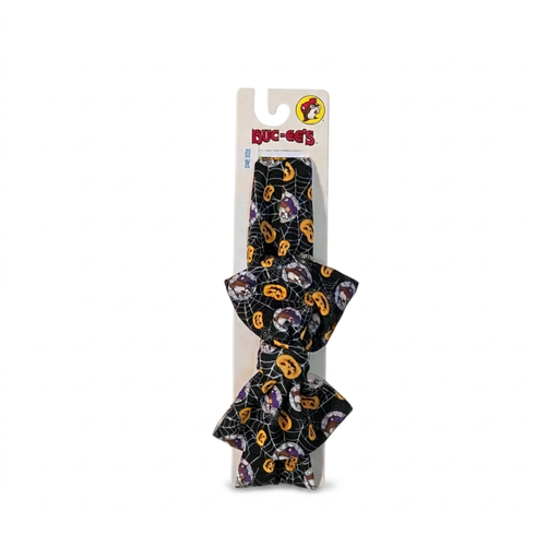 Buc-ee’s Halloween bow headband, one size, in black with orange jack-o’-lantern, spiderweb and beaver mascot print