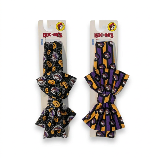 Buc-ee’s Halloween bow headbands, one size, in black jack-o’-lantern spiderweb print and purple and orange stripes