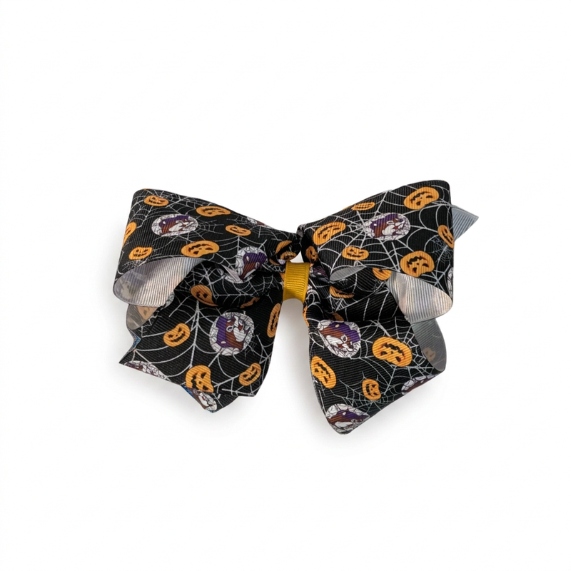 Buc-ee’s Halloween hair bow, large, in black with orange jack-o’-lantern, spiderweb and beaver mascot print