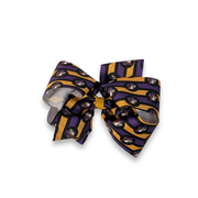 Buc-ee’s Halloween hair bow, large, with purple, orange and black stripes and a beaver mascot print