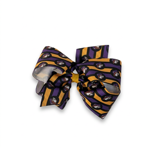 Buc-ee’s Halloween hair bow, large, with purple, orange and black stripes and a beaver mascot print