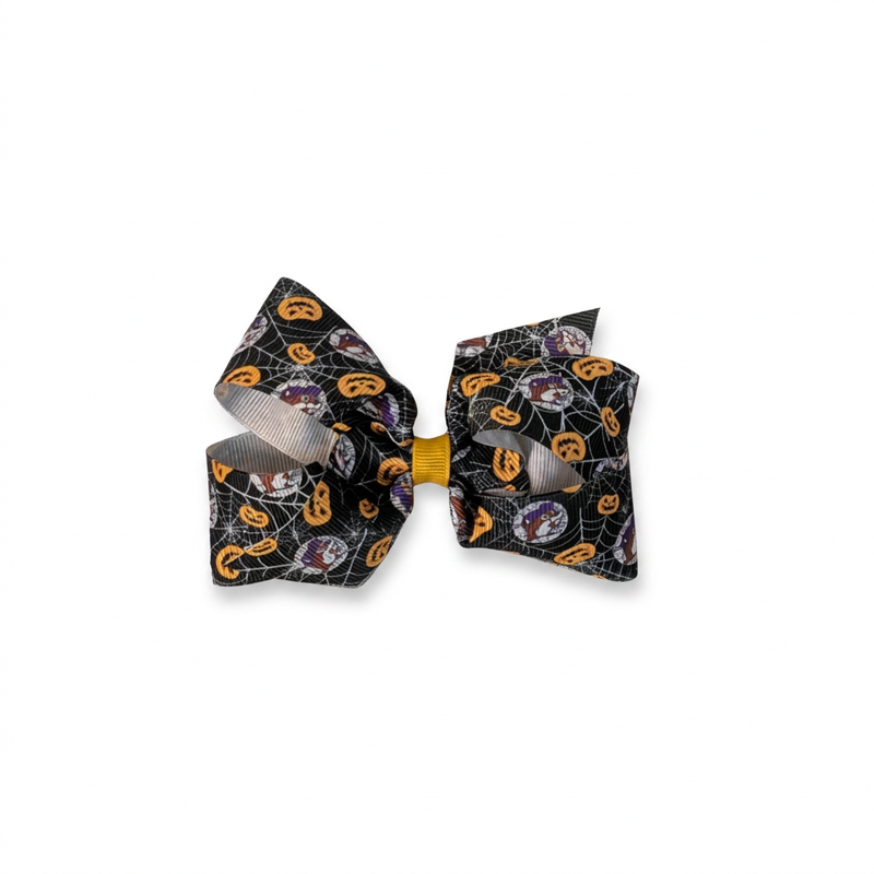Buc-ee’s Halloween hair bow, small, in black with orange jack-o’-lantern, spiderweb and beaver mascot print