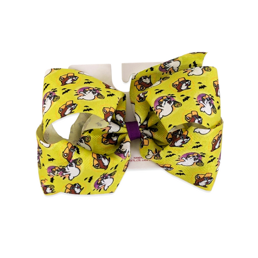 Buc-ee’s Halloween hair bow in yellow grosgrain ribbon with a beaver, ghost and bat print and purple center knot