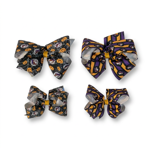 Buc-ee’s Halloween hair bows in two sizes: black jack-o’-lantern and spiderweb print, and purple and orange stripes