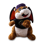 Buc-ee’s Halloween vampire plush beaver with black and orange bat wings, purple beanie and black logo T-shirt