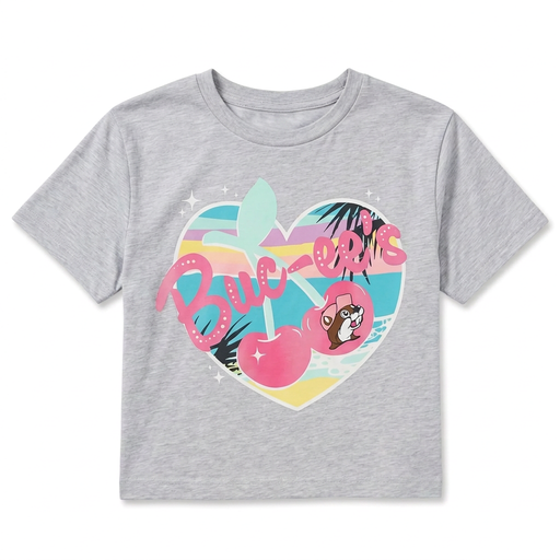 Buc-ee’s Heart Sunset crop top in heather gray with pink script lettering, cherries, and beach sunset heart graphic