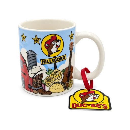 Buc-ee's Hillsboro mini ceramic mug with beaver logo sign, red barn, cowboy boot, yellow roses, taco, and guitar design