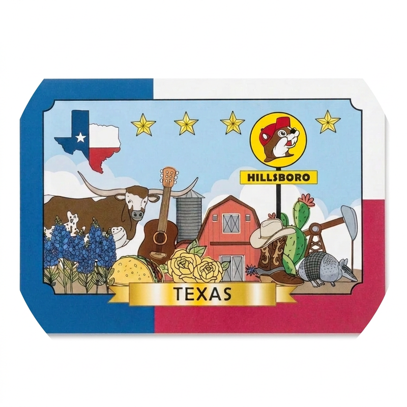 Buc-ee’s Hillsboro, TX postcard with Texas flag border, longhorn, bluebonnets, armadillo, and illustrated Texas icons