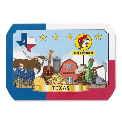 Buc-ee’s Hillsboro, TX postcard with Texas flag border, longhorn, bluebonnets, armadillo, and illustrated Texas icons