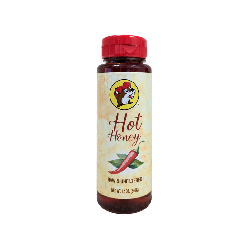 Buc-ee's Hot Honey raw and unfiltered 12 oz squeeze bottle, front view